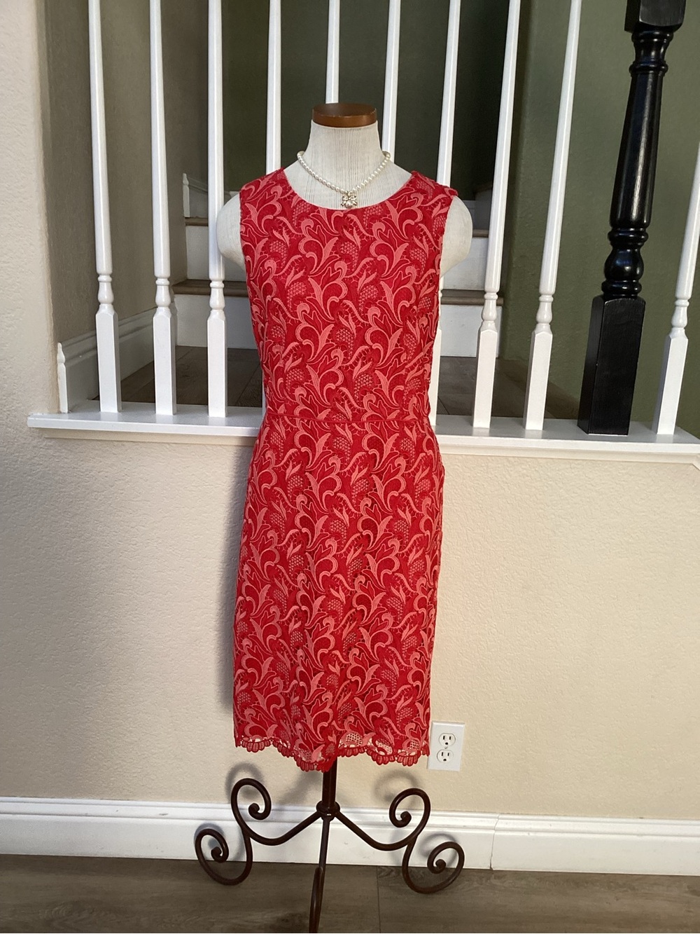 Ann Taylor Red Sleeveless Lace Sheath Dress